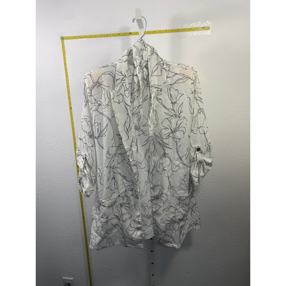Sweet Rain White Black Floral Line Art Open Front Roll Tab Sleeve Blazer Medium